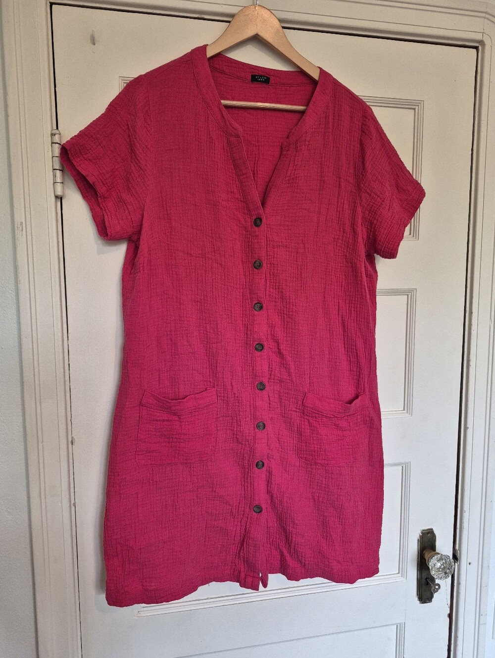 100% Cotton Dress Studio 1886 Button Front Short Sleeve Pockets Large Pink